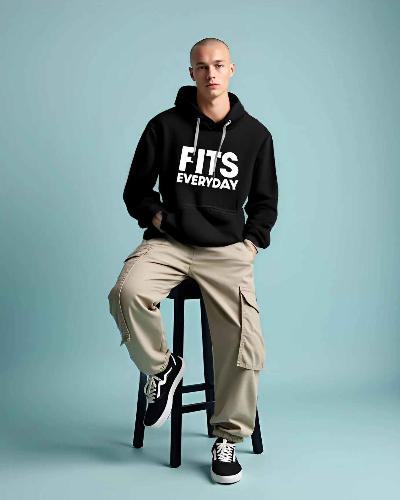 Model wearing black FITS hoodie