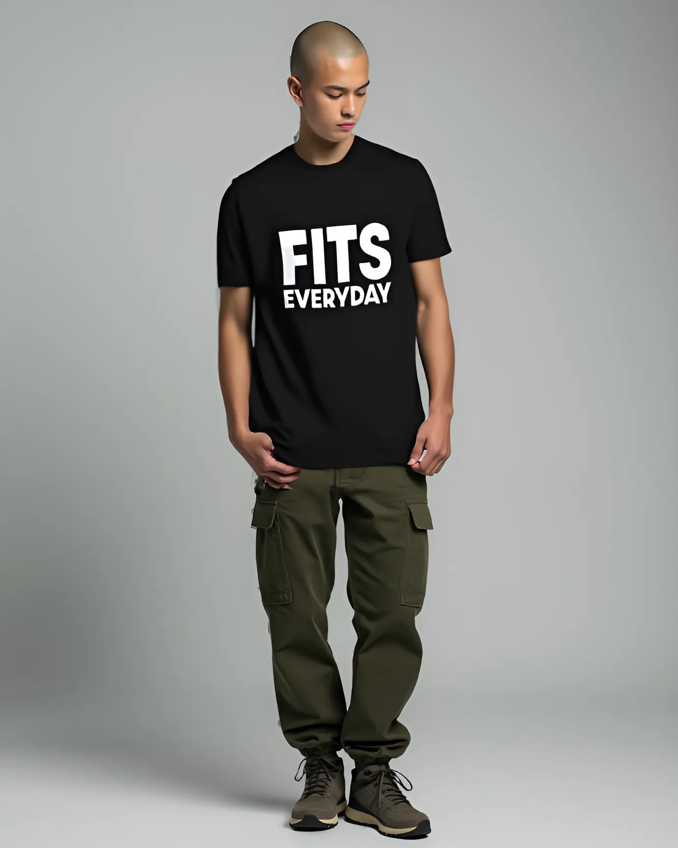 Model in black graphic tee