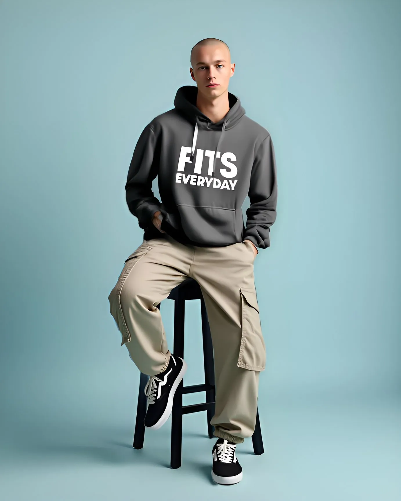 Model in grey hoodie on a stool